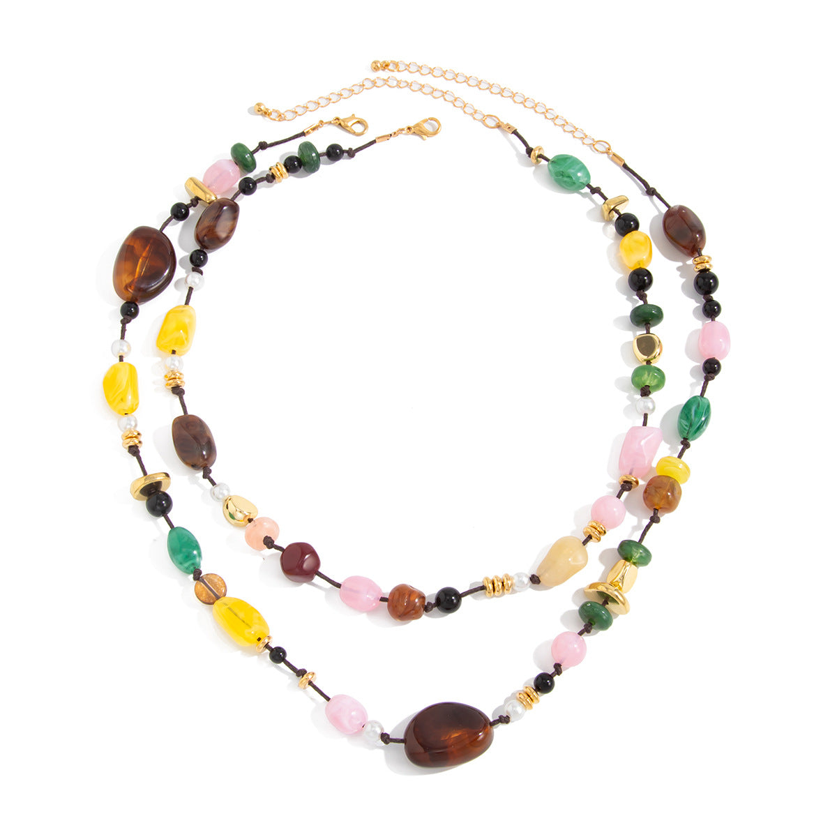 Contrasting Color Stone Beaded Double-Layer Pearl Necklace Holiday Style Retro Handmade Woven
