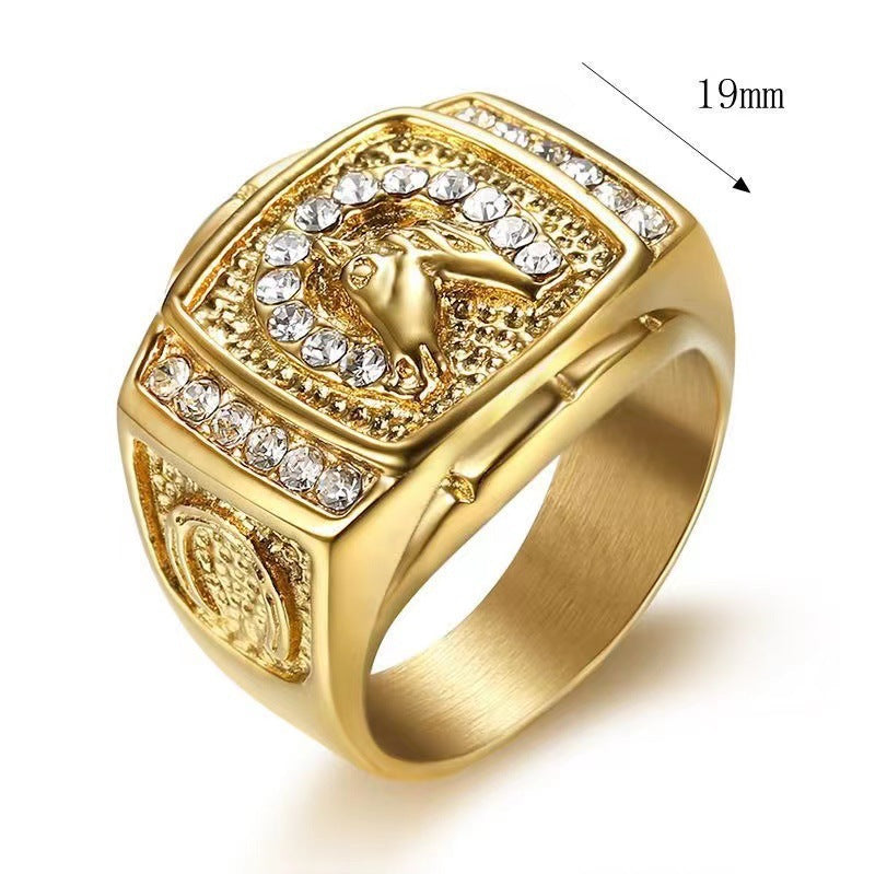 Planderful Gold Plated Zircon Horse Head Hip Hop Ring For Men Unisex Statement Jewelry