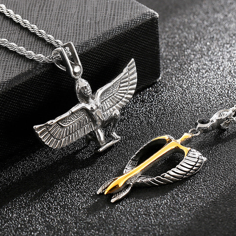 Retro Egyptian Pharaoh Men's Pendant with Eagle Angel Wings in Titanium Steel