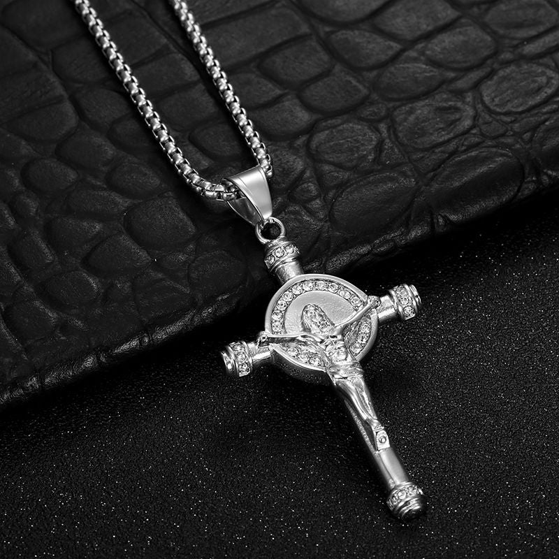 Planderful Everyday Genie Hip Hop Cross Pendant Necklace Titanium Steel Gold Plated Zircon Stunning Urban Style Fans