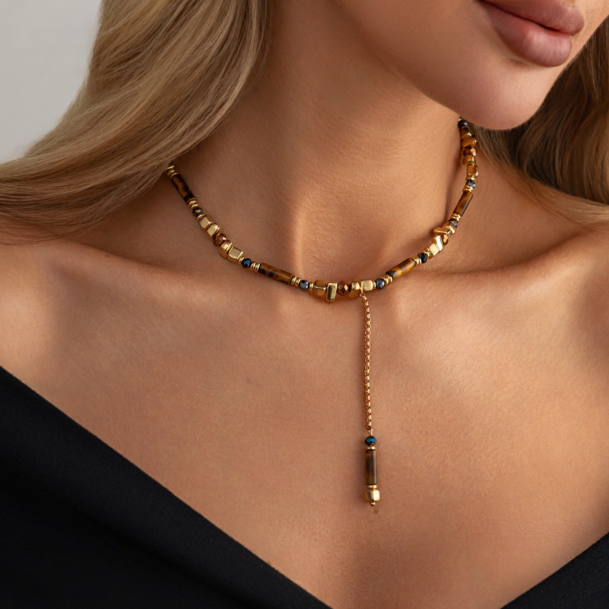 Cold Wind Splicing Round Bead Y-Shaped Collarbone Necklace French Beaded Retro Neck