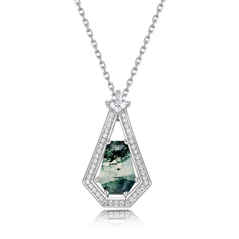 S925 Sterling Silver Moss Agate Shield Pendant Necklace