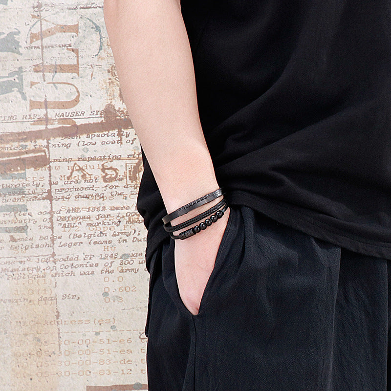 Planderful Mens Personalized Woven Leather Beaded Bracelet