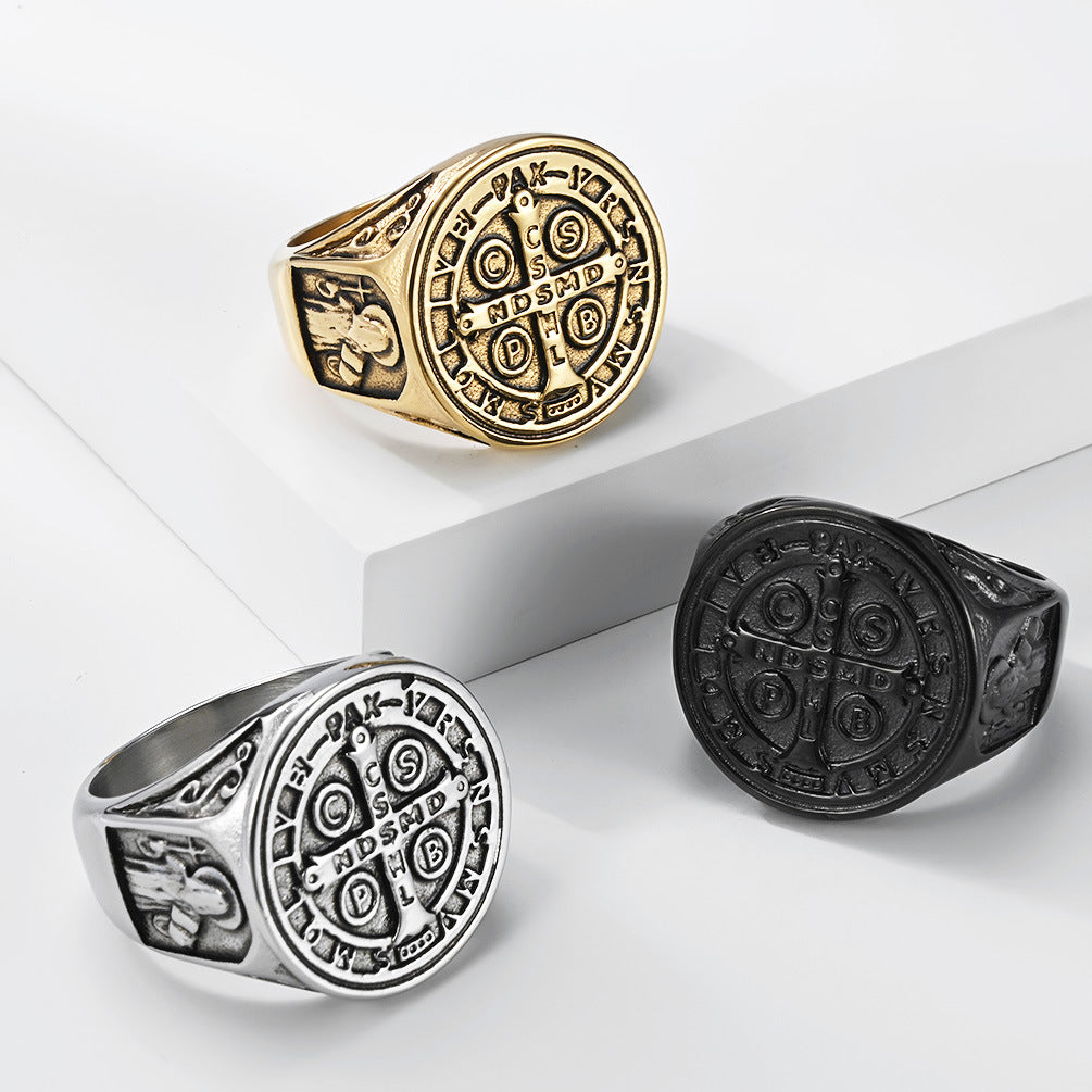 Planderful Saint Benedict Exorcist Ring For Men Titanium Steel Non Fade Protection Jewelry