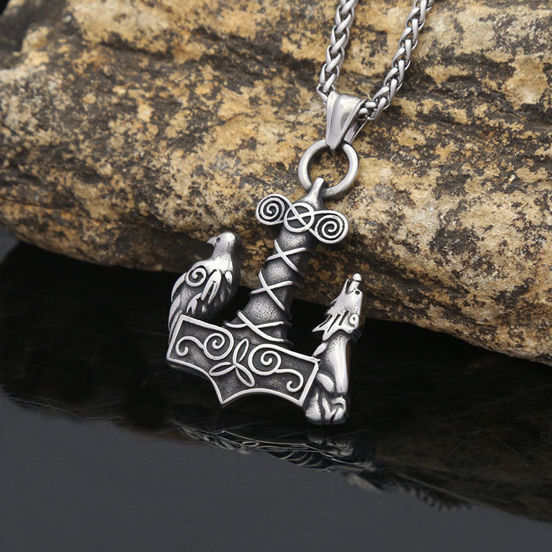 Nordic Viking Thor Wolf Stainless Steel Pendant Necklace for Men