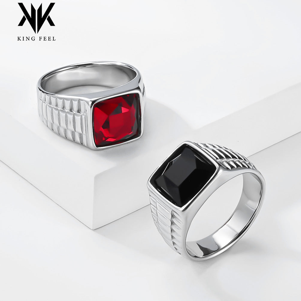 King Men's Stainless Steel Ring Red & Black Square Diamonds Stainless