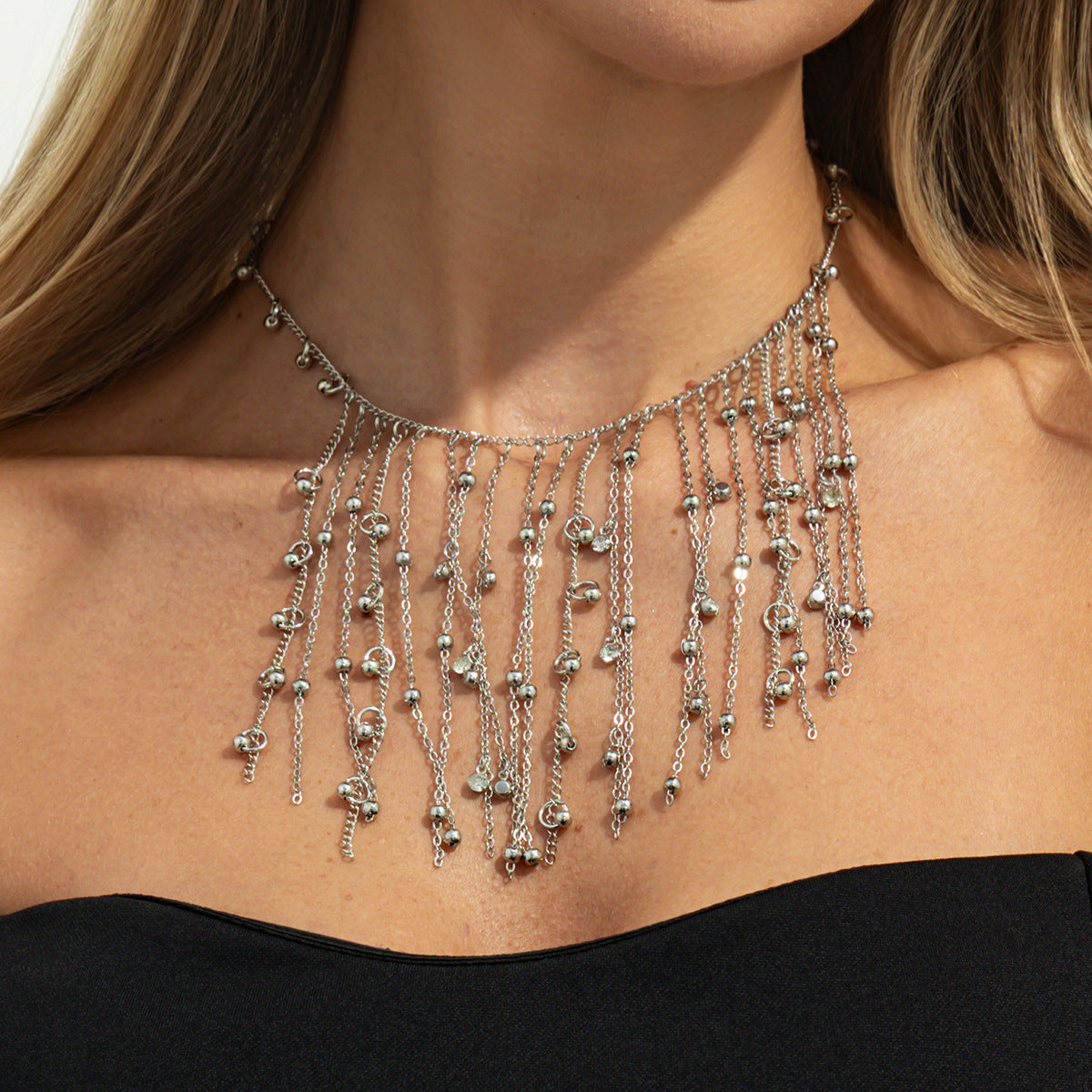 Crystal-Style Ball Fringe Necklace