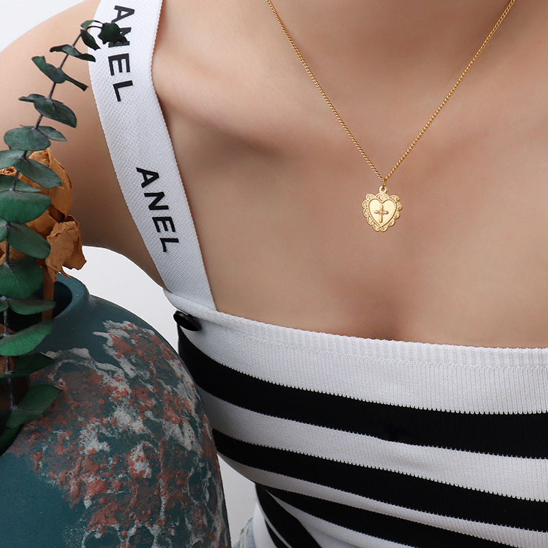 Elegant Heart Relief Cross Pattern Love Necklace in Gold Plated Titanium Steel