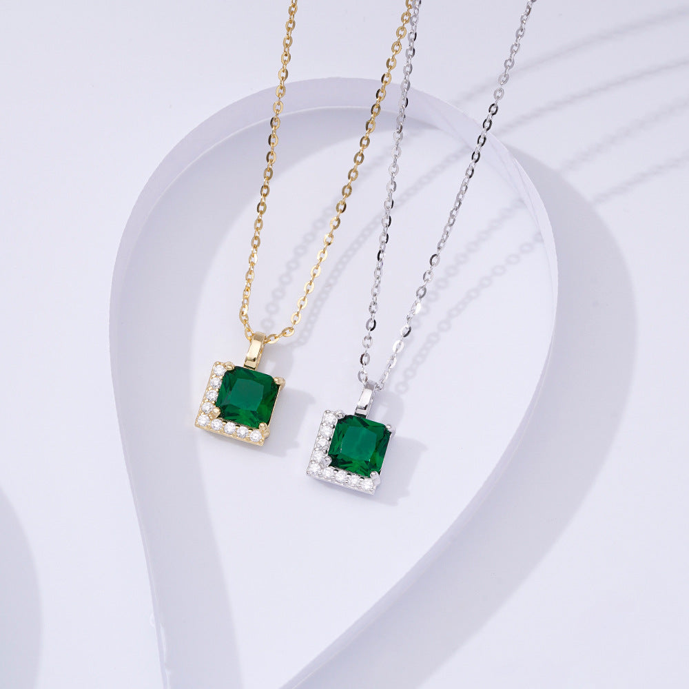 S925 Sterling Silver Emerald Zircon Pendant Necklace Luxury