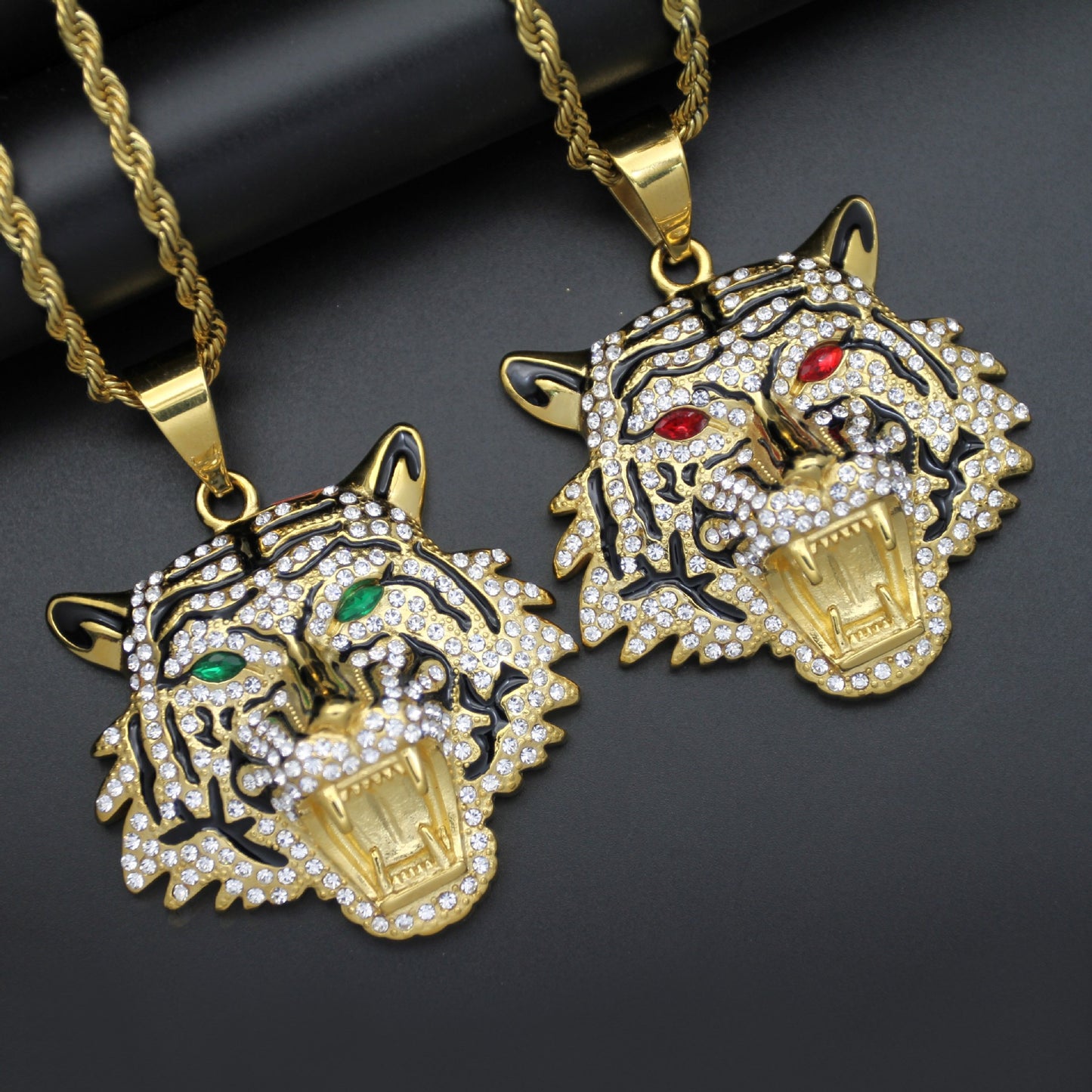 Planderful Hip Hop Bottle Opener Necklace Unisex Titanium Gold Plated Zircon Bold Tiger Head Pendant