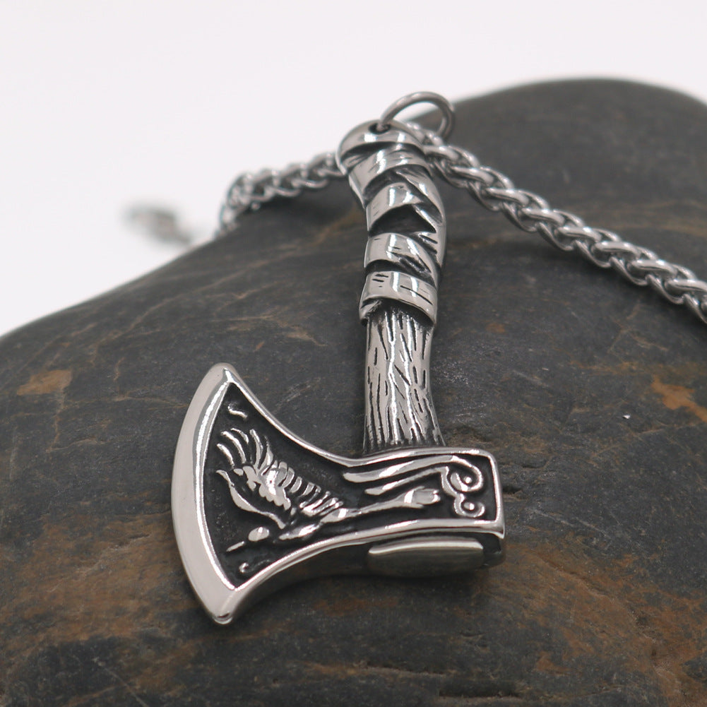 Viking Odin Axe Stainless Steel Pendant Necklace with Norse Crow Amulet