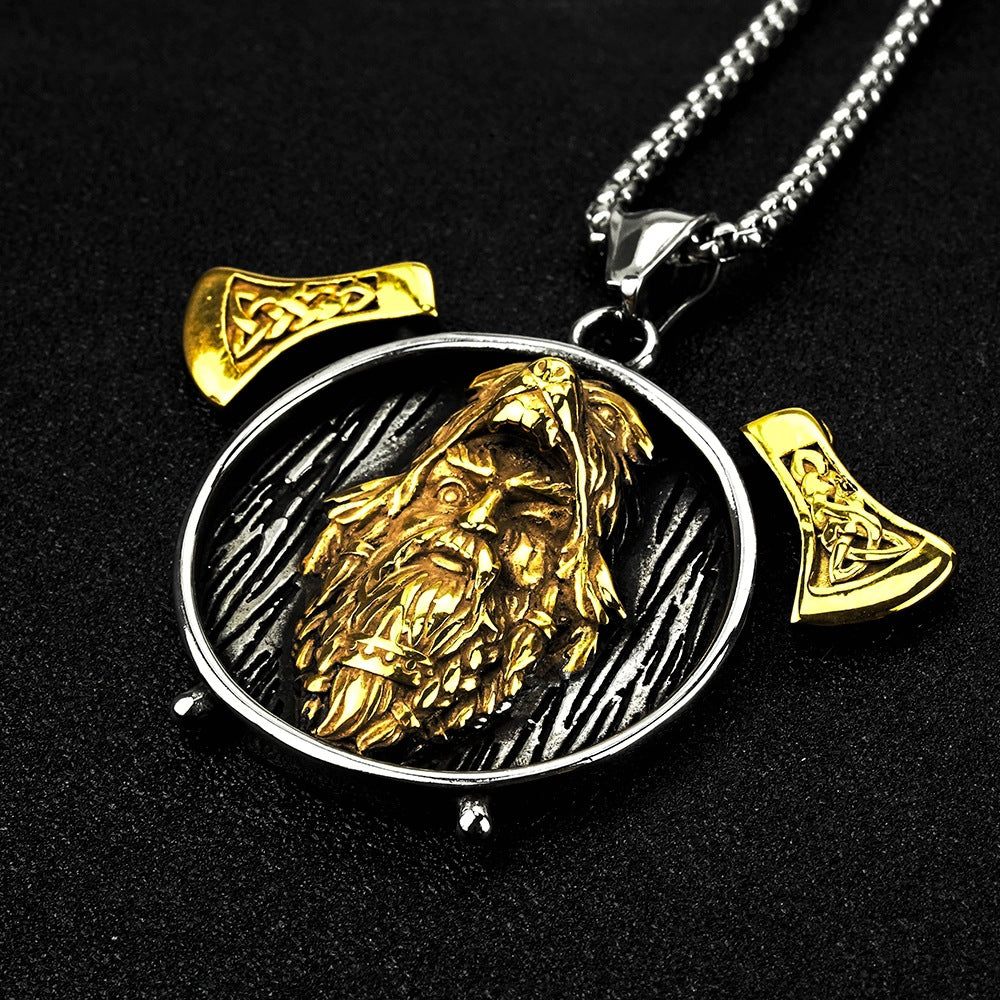 European and American Jewelry Wholesale Head Titanium Steel Men's Pendant Vintage Viking Odin Axe Necklace
