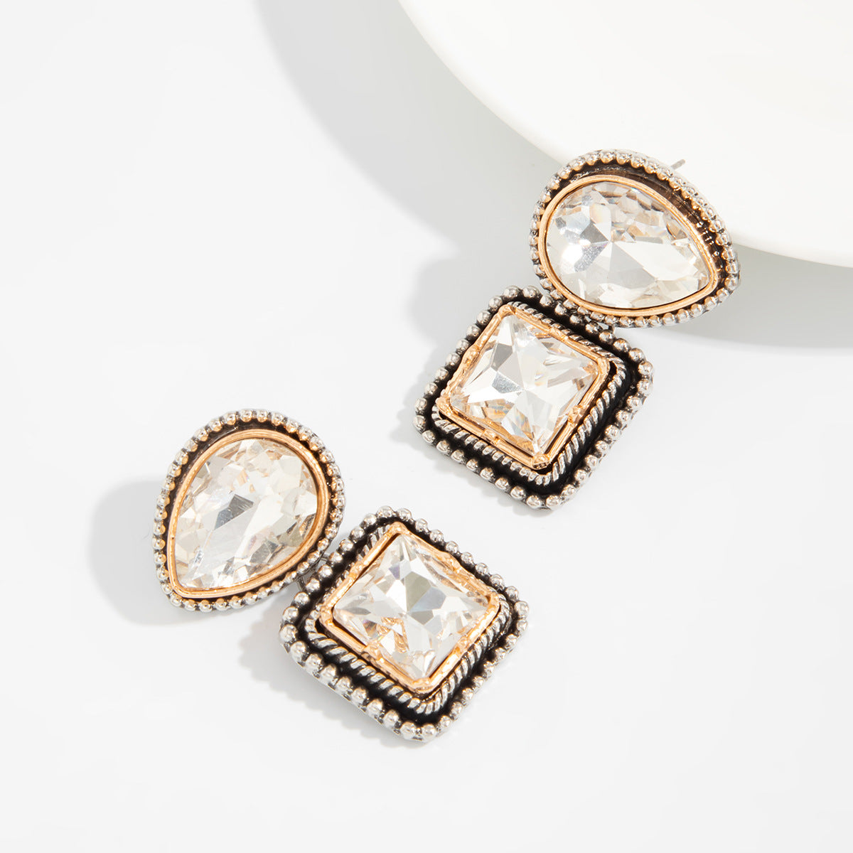Planderful Vienna Verve Water Drop Square Zircon Stud Earrings For Women Retro Geometric Medieval French Style