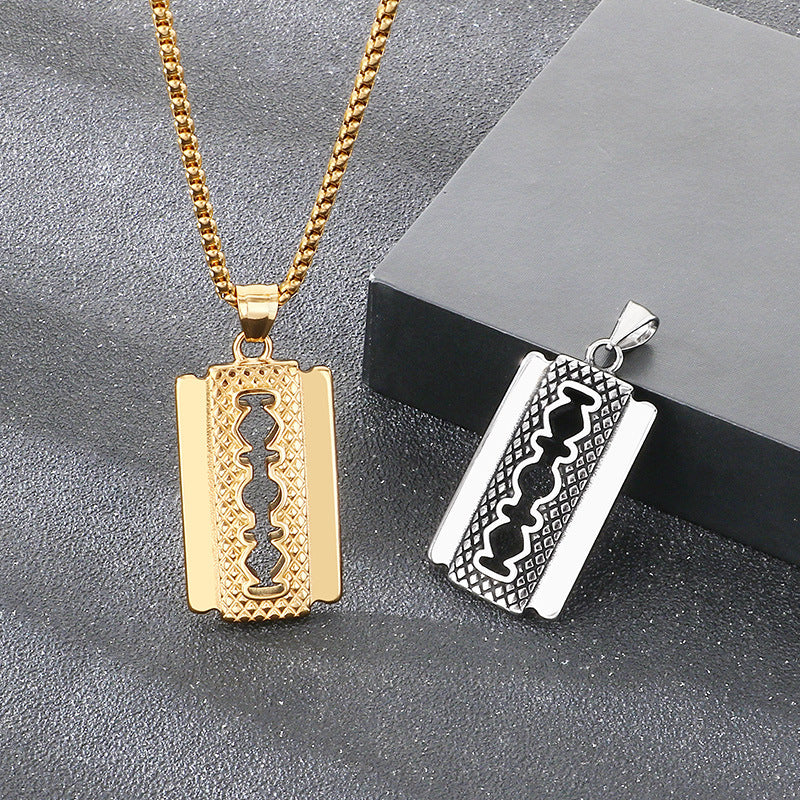 Retro Trend Hip-Hop Blade Necklace, Niche Rhombus Pattern Razor Stainless Steel Men's Pendant