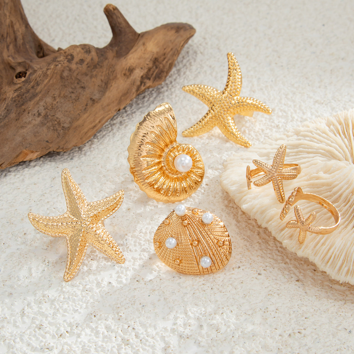 Planderful Vienna Verve Ocean Starfish Ring With Niche Pearl Conch Shell For Women Statement Jewelry