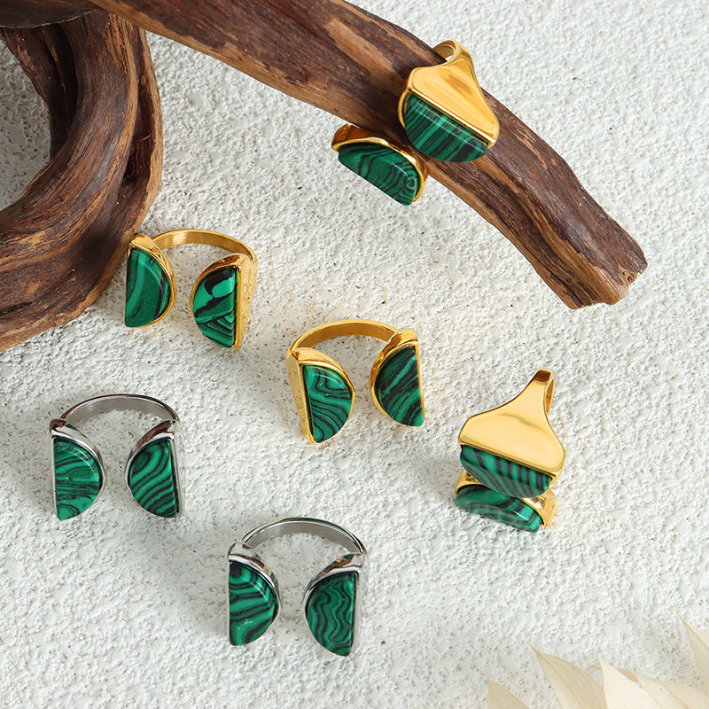 Peacock Turquoise Double Semicircle Titanium Steel Ring - Light Luxury Women's Jewelry