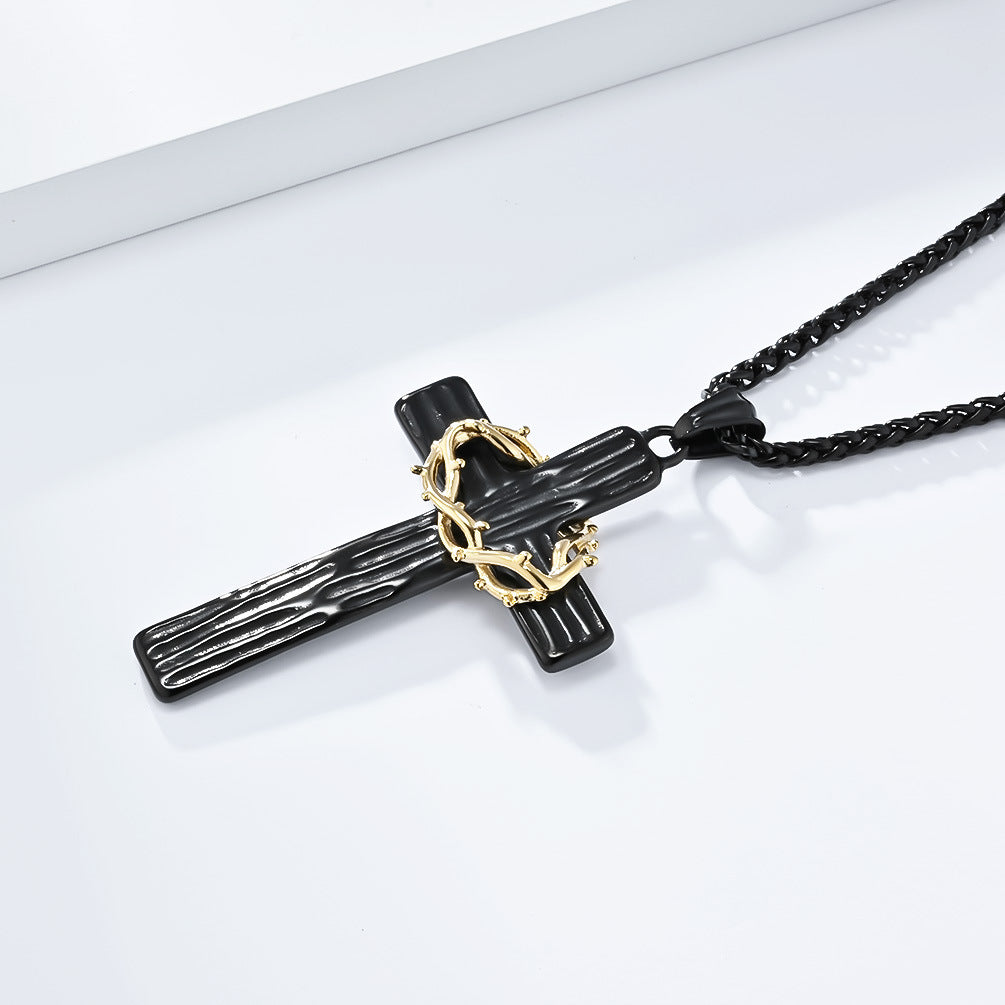 Retro Titanium Steel Wreath Cross Necklace for Men