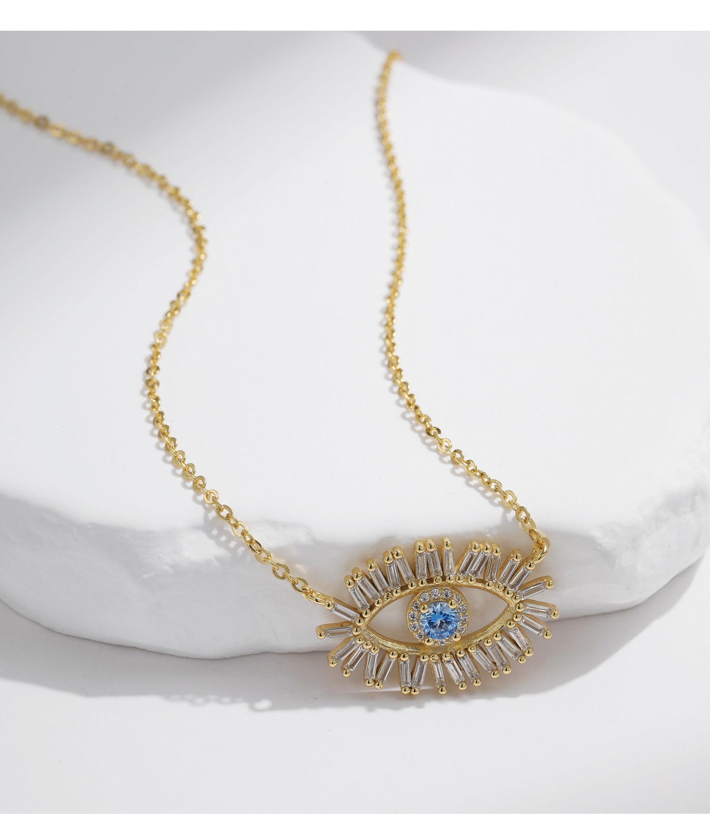 Planderful Collection S925 Sterling Silver Zircon Blue Eye Necklace – Vintage Irregular Ladder Square Design