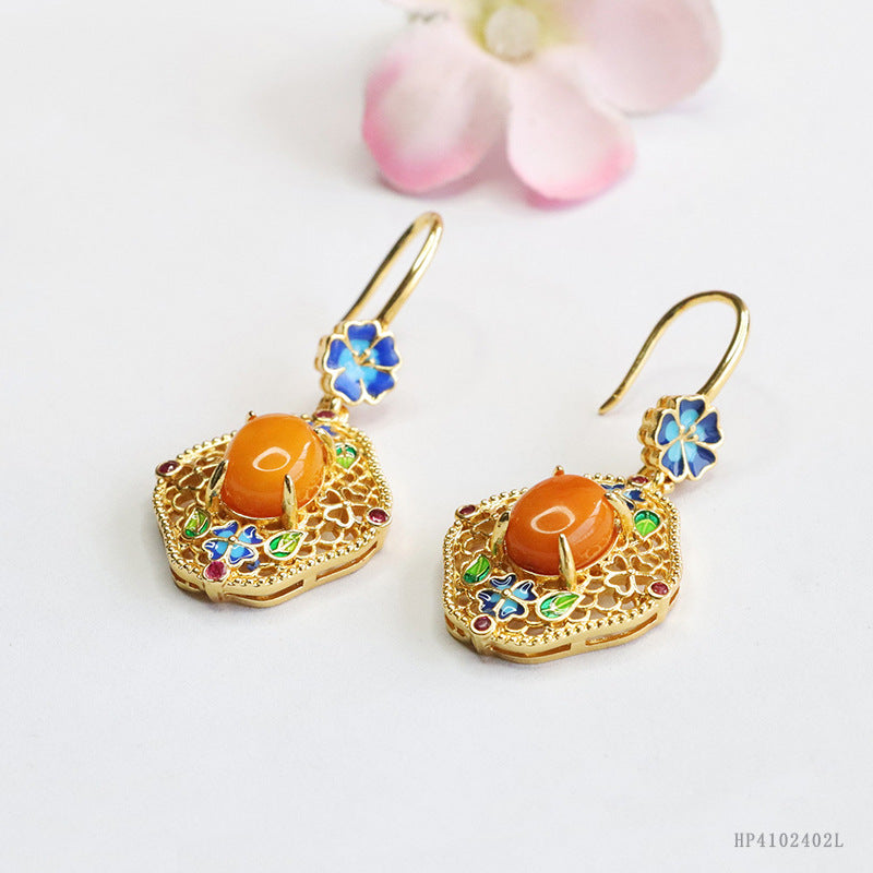 Beeswax Amber Enamel Flower Drop Earrings