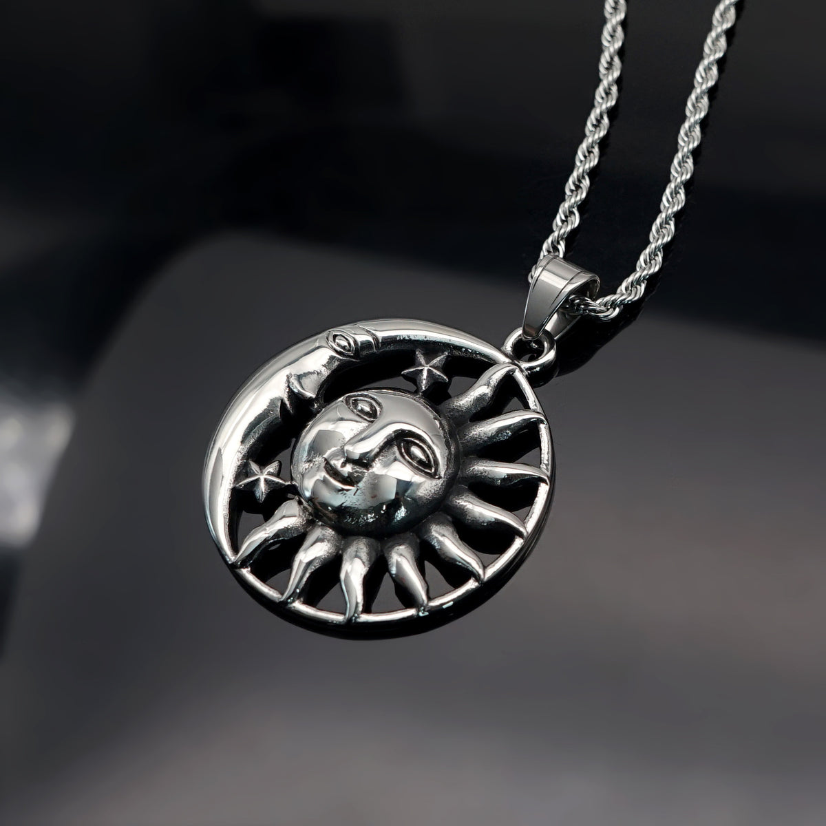 Vintage Moon Sun Stainless Steel Pendant Necklace