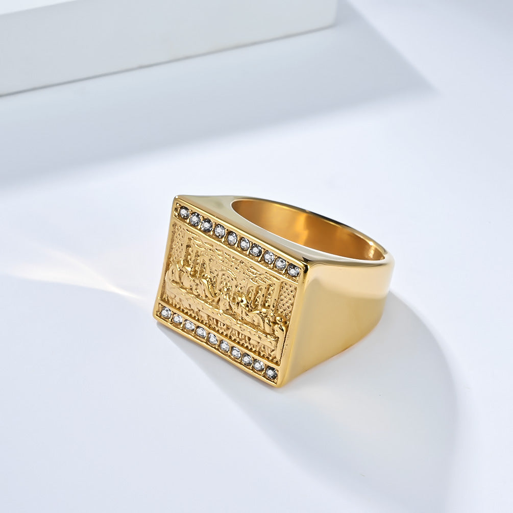 Planderful Hip Hop Last Supper Ring For Men Stainless Steel Plated 18K Gold Vintage European Style