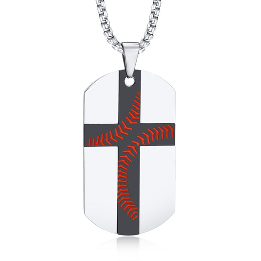 European And American Hang Tags Stainless Steel Baseball Pattern Cross Dog Tag Pendant Steel Necklace For Men