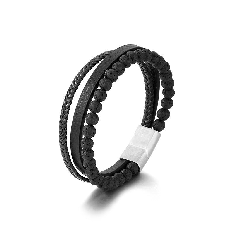 Multi-Layer Woven Leather Rope Titanium Steel Bracelet – Volcanic Stone Beaded Men's