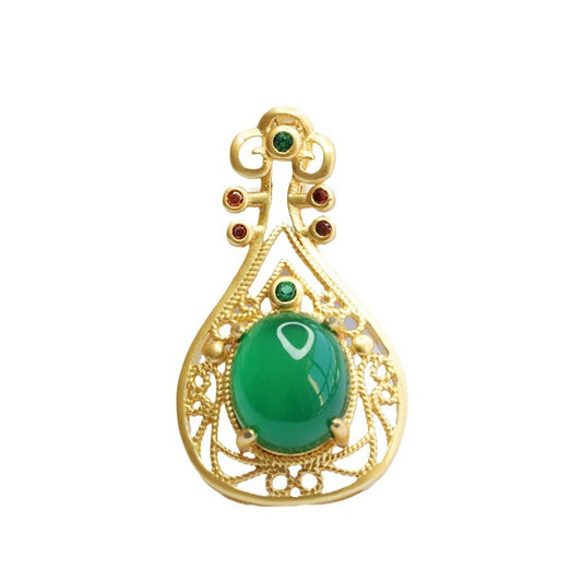Chinese Style Sterling Silver Pipa Pendant Necklace with Emperor Green Chalcedony