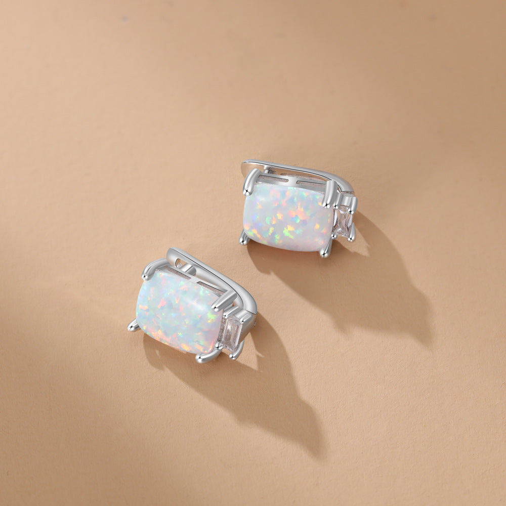 Planderful Jewelry Opal Earrings In Sterling Silver S925, Elegant Rectangle Stud Earrings