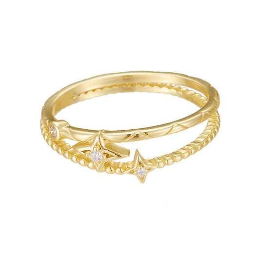 Double-Layer Hollow Star Zircon Sterling Silver Ring Cold Wind Ring Jewelry