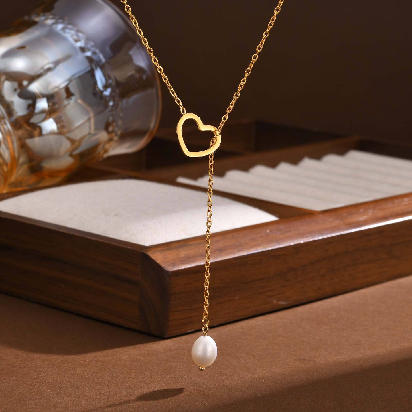 Ladies Stainless Steel Flat Cross Chain Heart Shaped Natural Baroque Freshwater Pearl Y Necklace