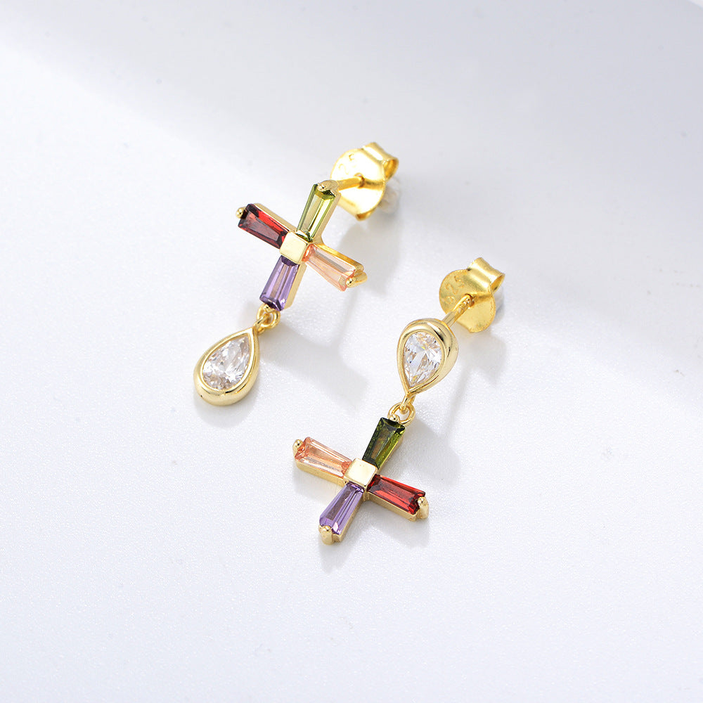 Color Zircon Asymmetric Cross Stud Earrings Sterling Silver Jewelry Earrings