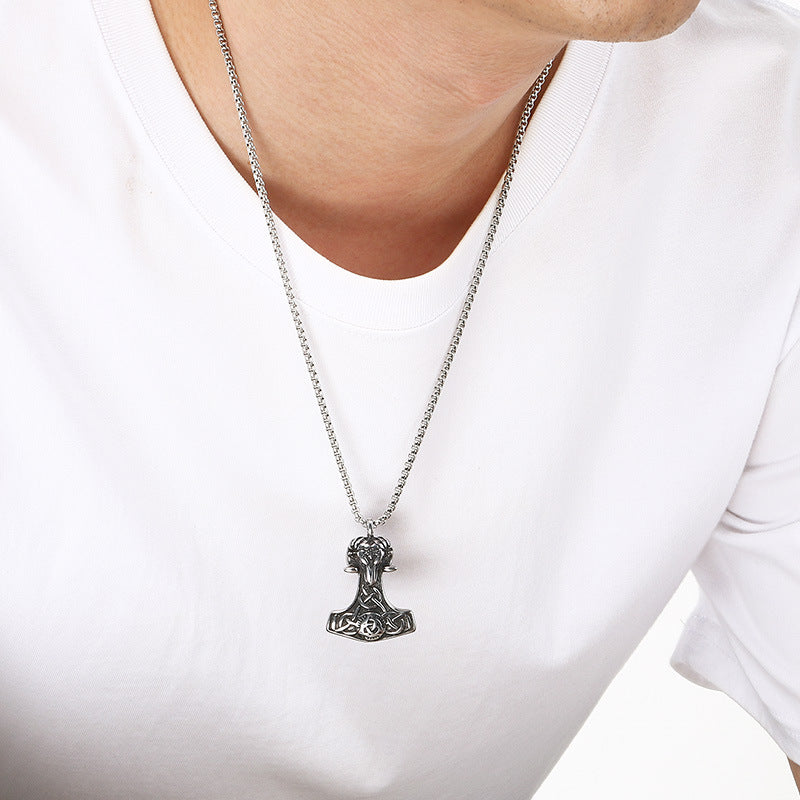 Nordic Viking Thor'S Hammer Odin Pendant, Vintage Celtic Knot Sheephead Stainless Steel Men's Necklace