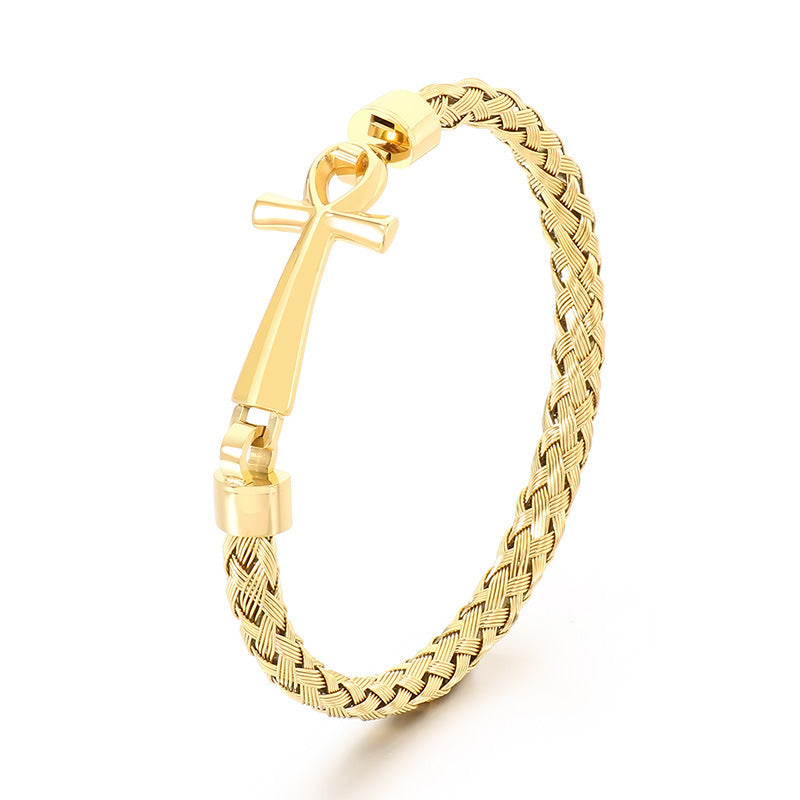 Stainless Steel Braided Wire Bracelet Ancient Egyptian Charm Of Life Anka Cross Men's