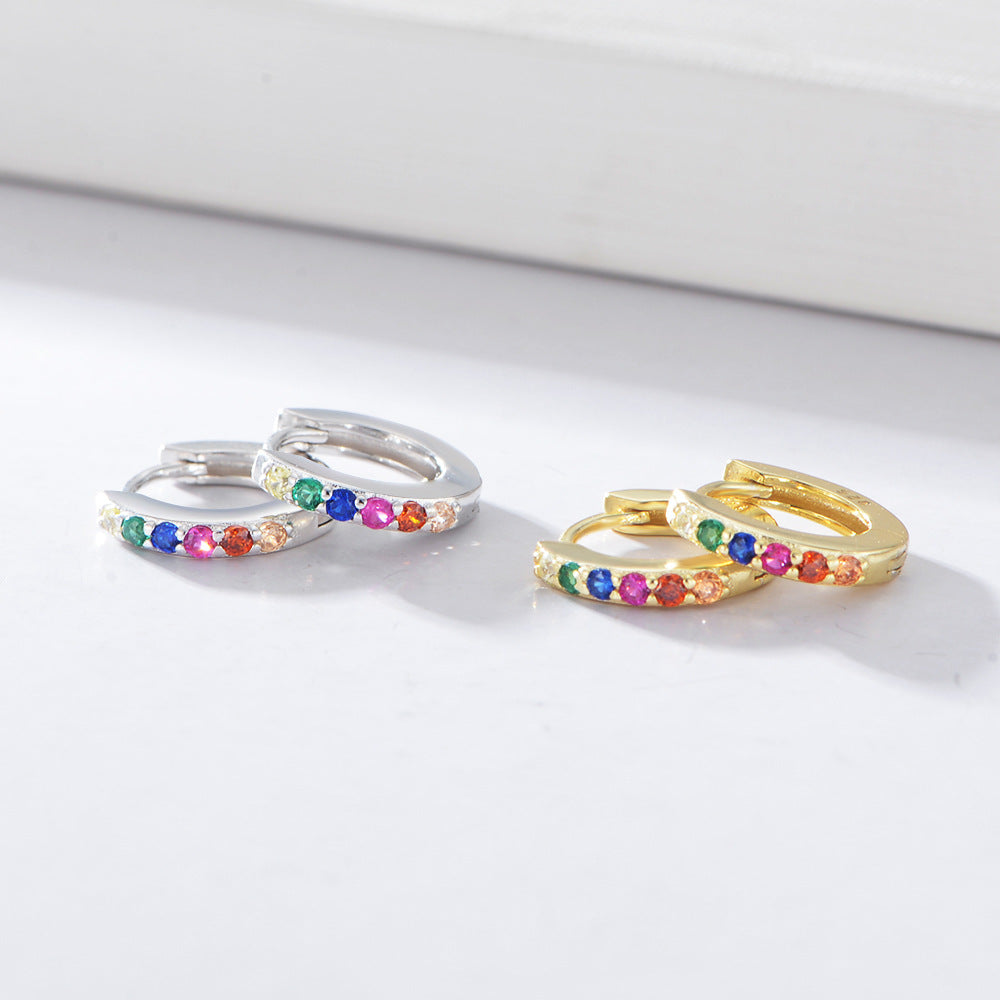 S925 Sterling Silver Round Micro-Inlaid Colored Zircon Ear Buckle Earrings