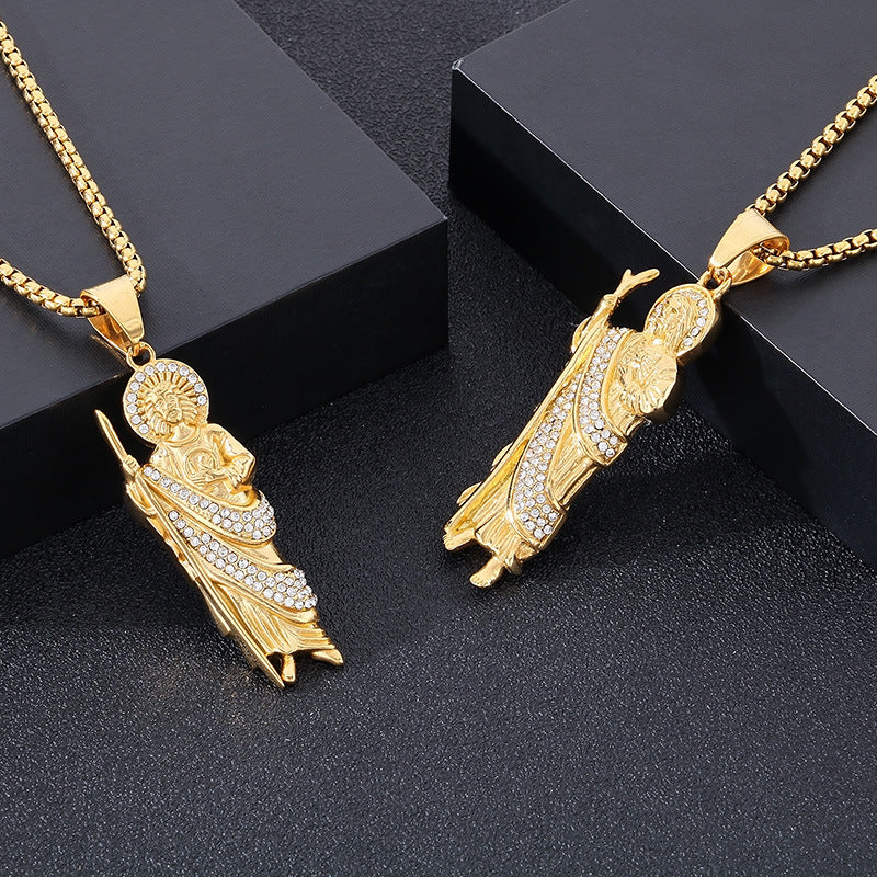 Stylish Zircon Necklace, Vintage Vacuum Plated St. Jude God Titanium Steel Pendant For