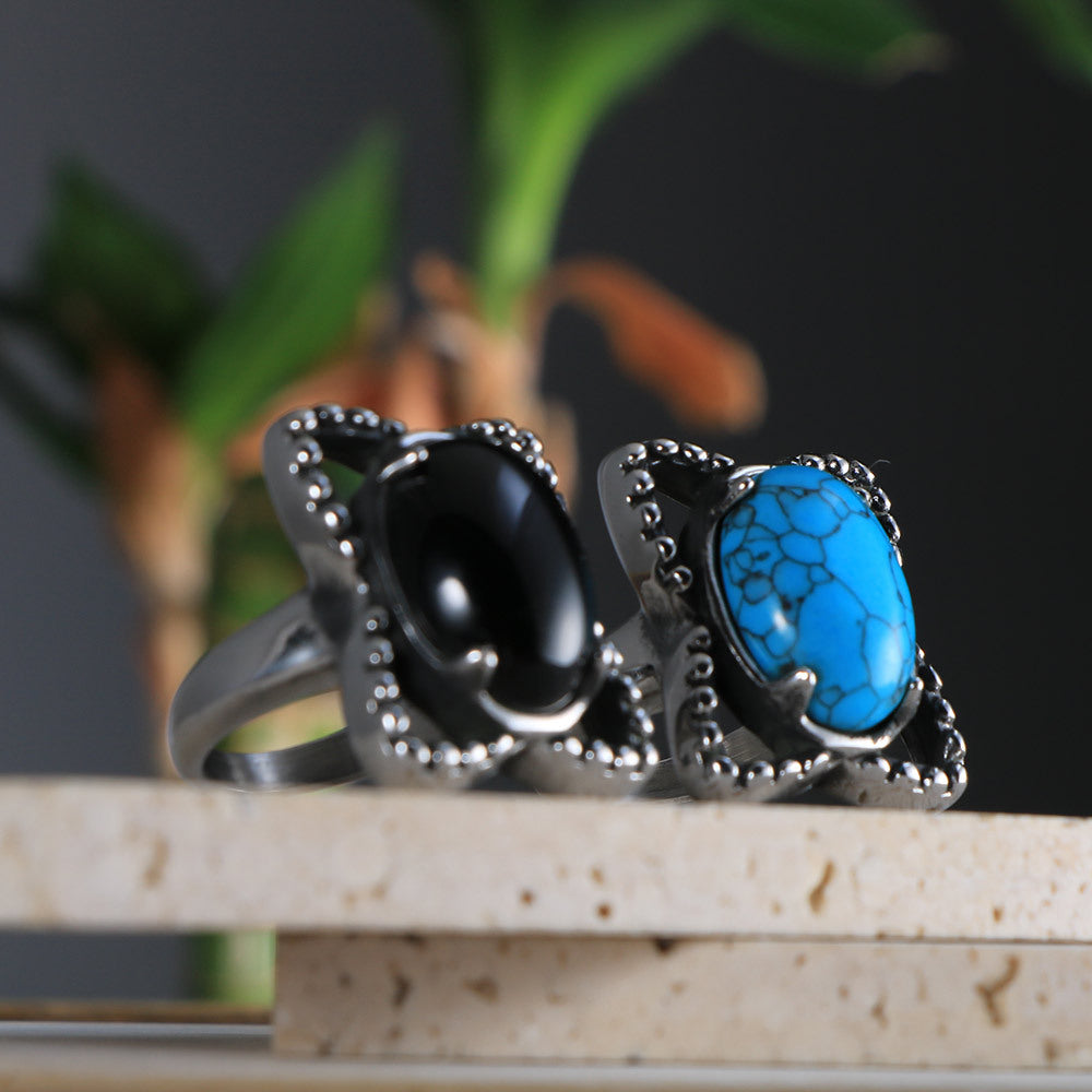 Stylish Turquoise Inlaid Rings for Women - Personalized Geometric Design in Titanium Steel