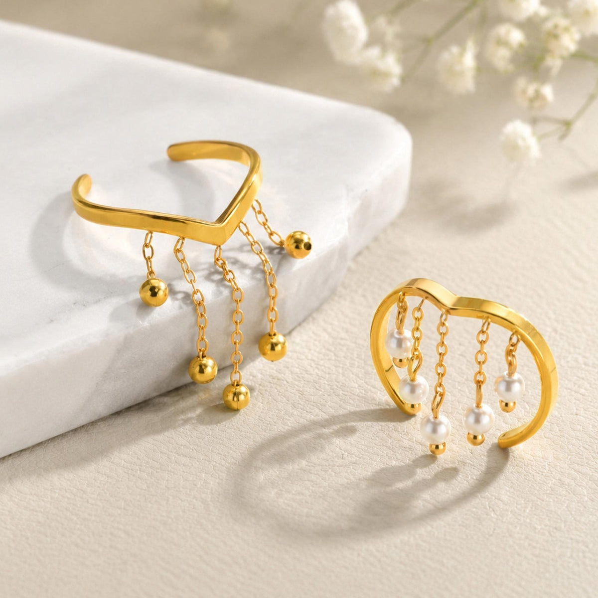 Ladies Open Ring Stainless Steel Gold V-Shaped Imitation Pearl Tassel Elegant