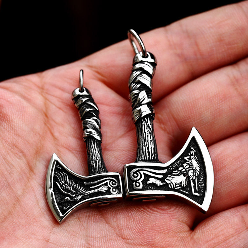 Nordic Viking Wolf Head Titanium Steel Pendant – Stainless Steel Celtic Knot Axe Necklace