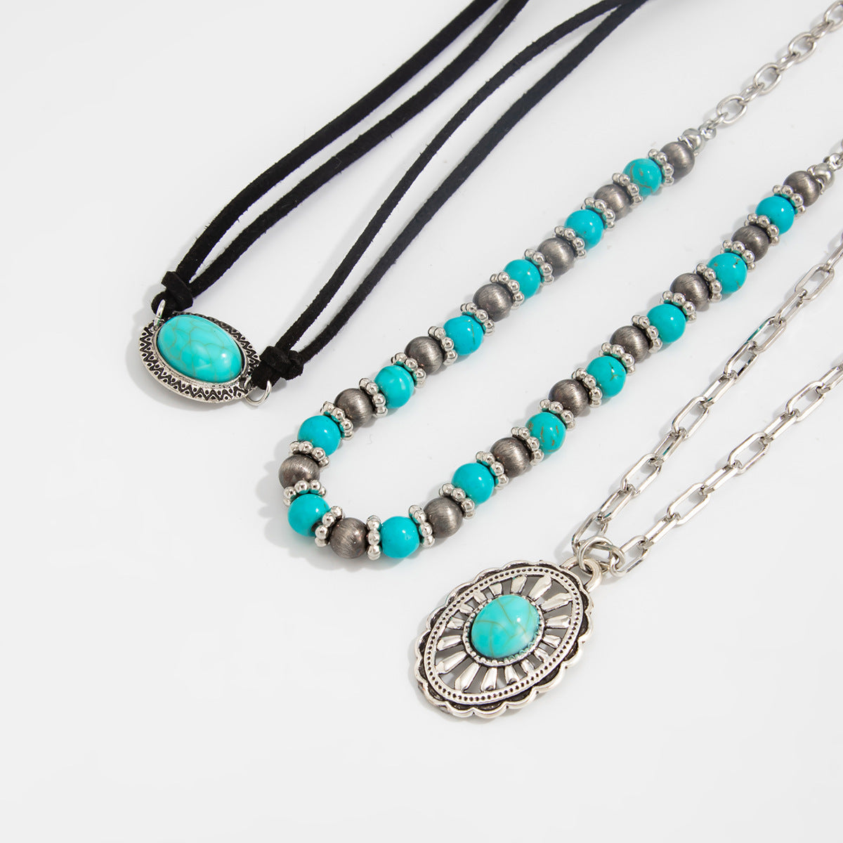 Retro Imitation Turquoise Stacked Western Denim National Cactus Cow Head Pendant Neck Necklace