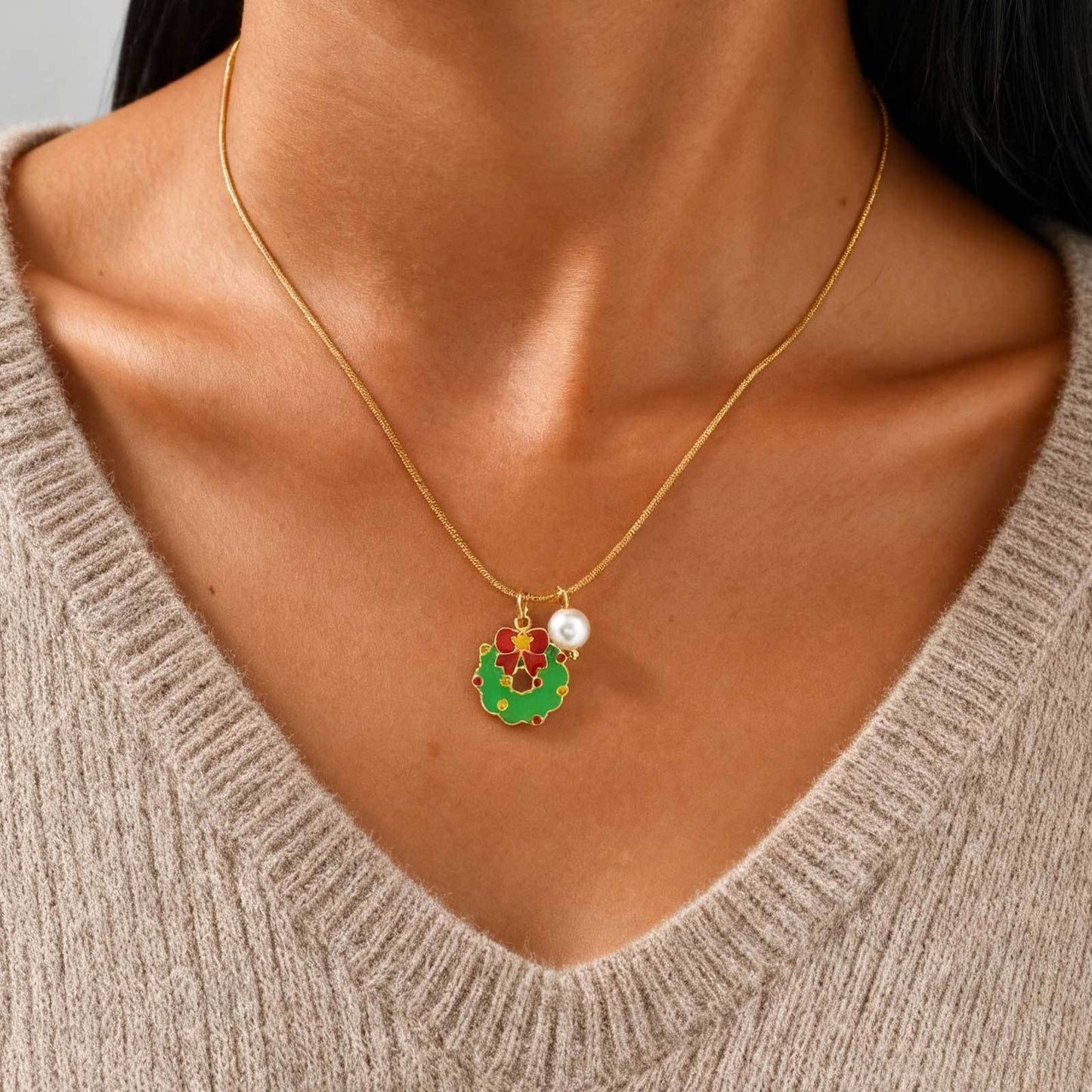 Stainless Steel Christmas Bells Santa Holiday Collection Girl Ornaments Pearl Necklace