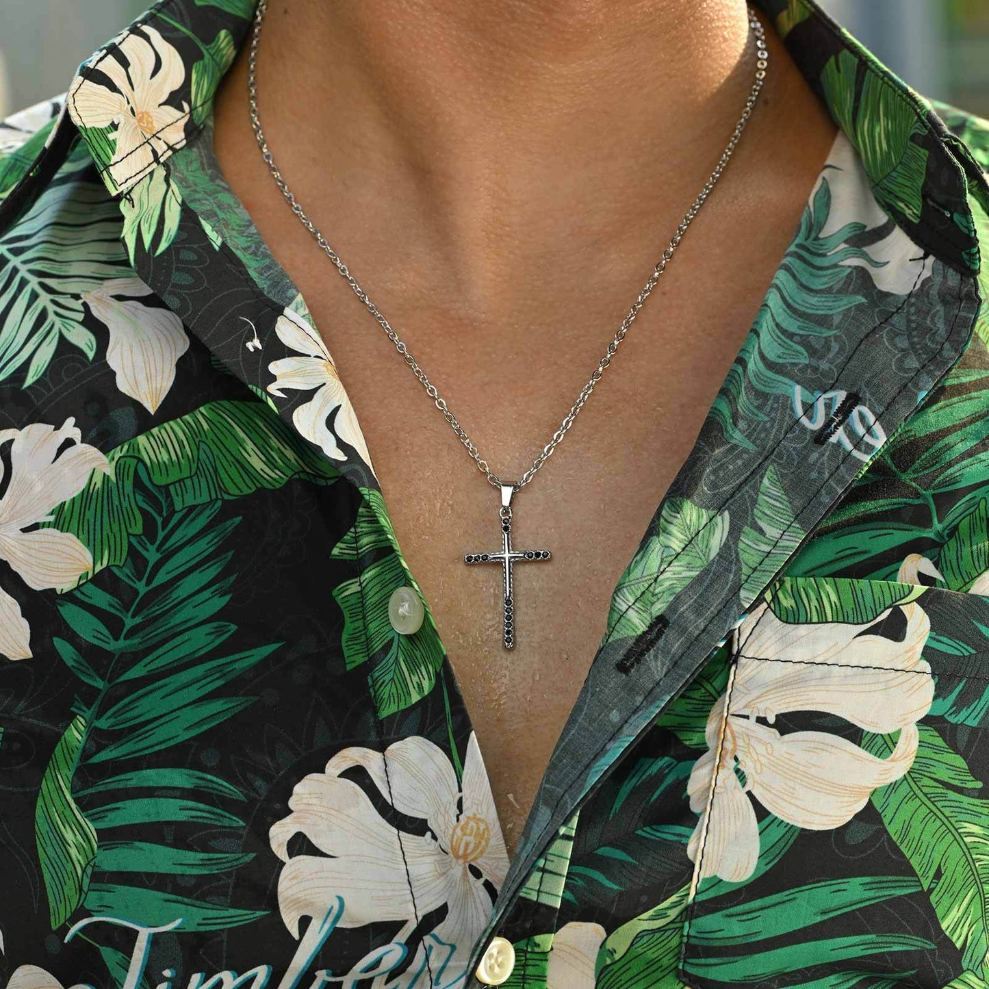 Planderful Stainless Steel Cross Pendant Men Black Zircon