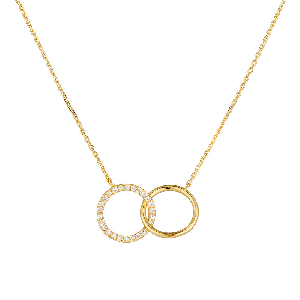 S925 Sterling Silver Personality Inlaid Zircon Circle Double Ring Interlocking Necklace