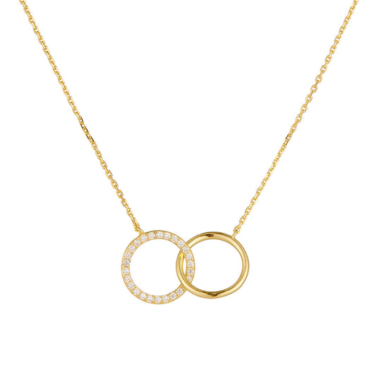 S925 Sterling Silver Personality Inlaid Zircon Circle Double Ring Interlocking Necklace