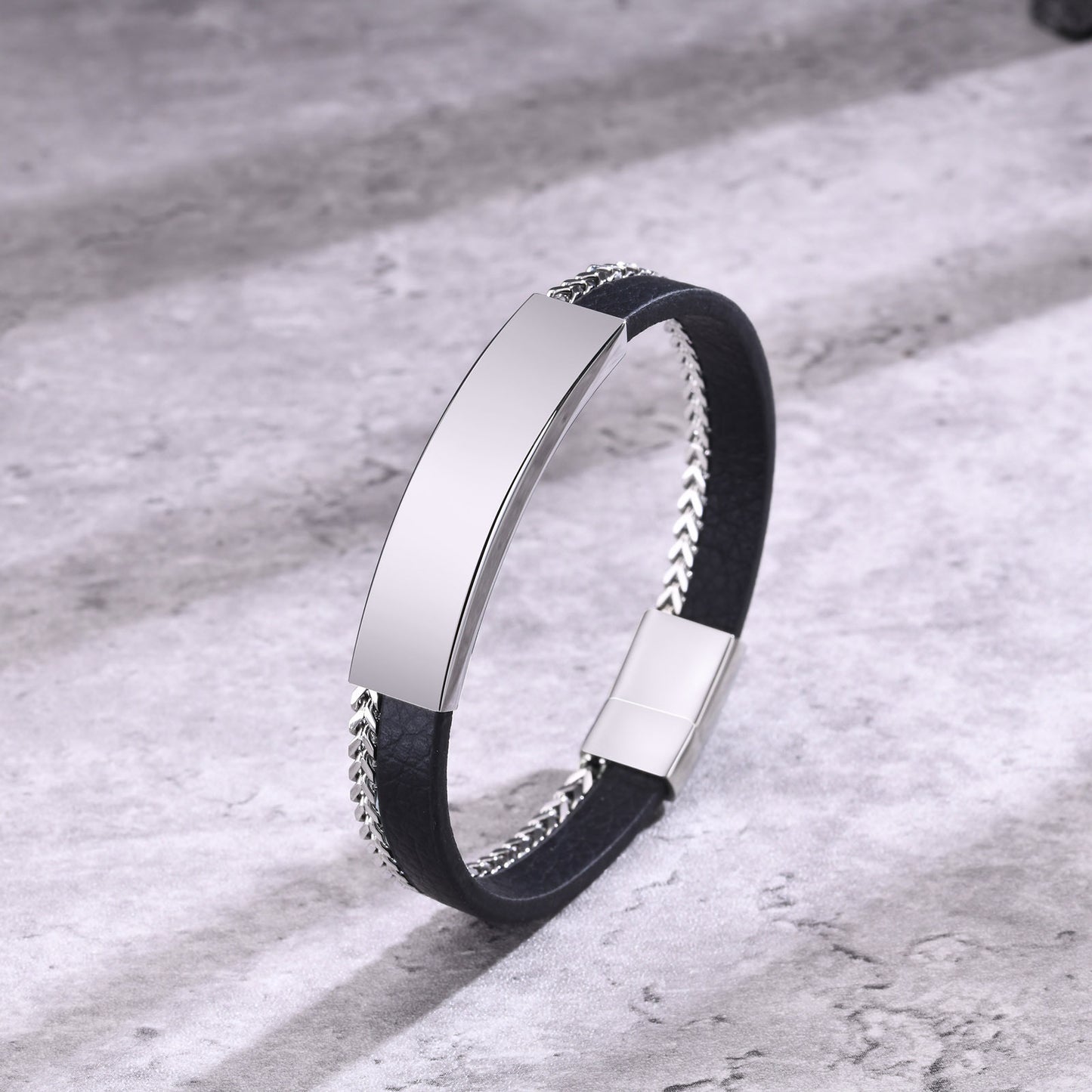 European And American Stainless Steel Magnetic Buckle Keel Chain Curved Leather Bracelet Steel Color For Men