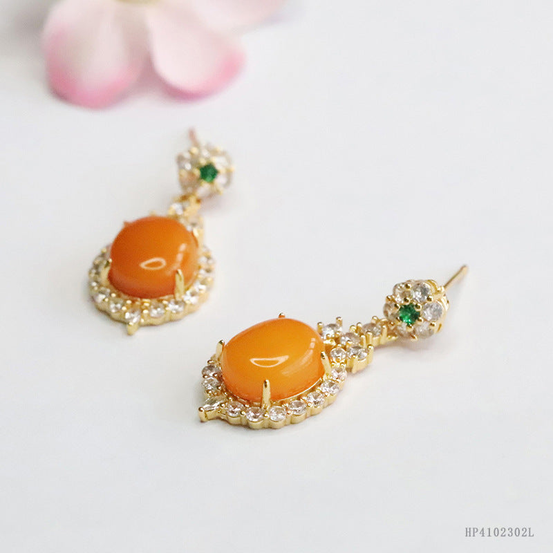 Yellow Beeswax Amber Zircon Halo Stud Earrings