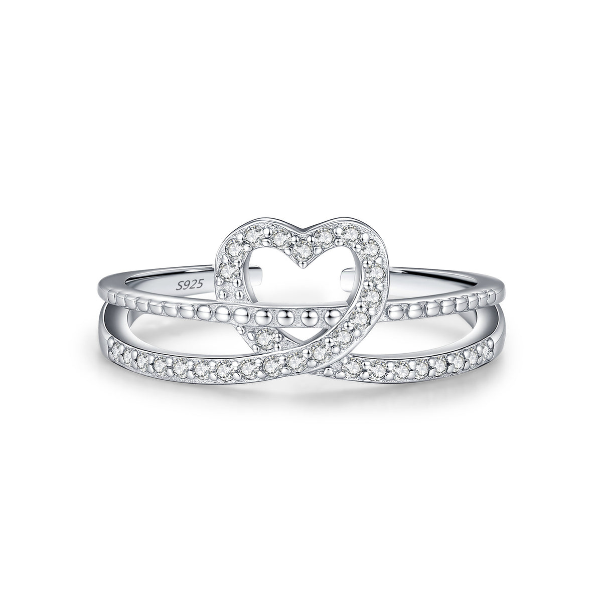 925 Sterling Silver Double-Layer Heart Zircon Ring