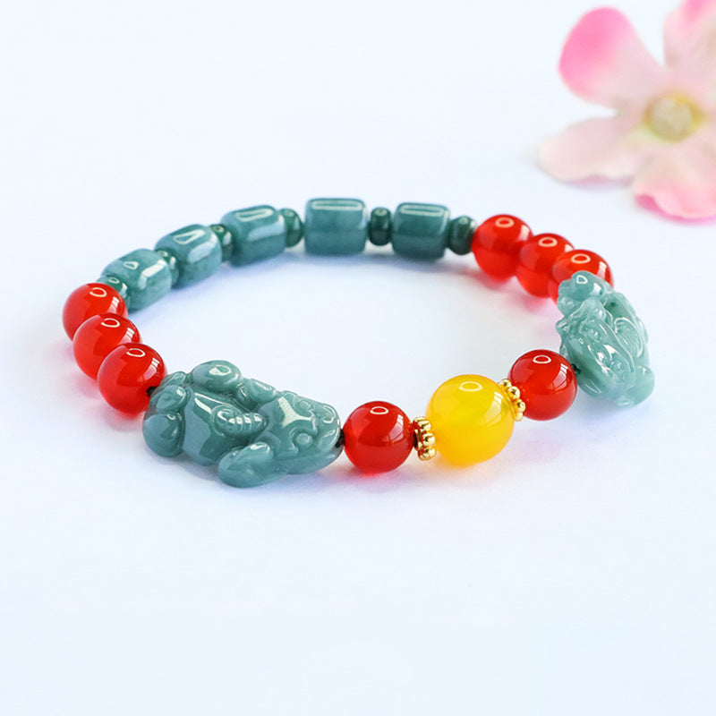 Blue Water Jadeite Pixiu & Agate Beaded Bracelet