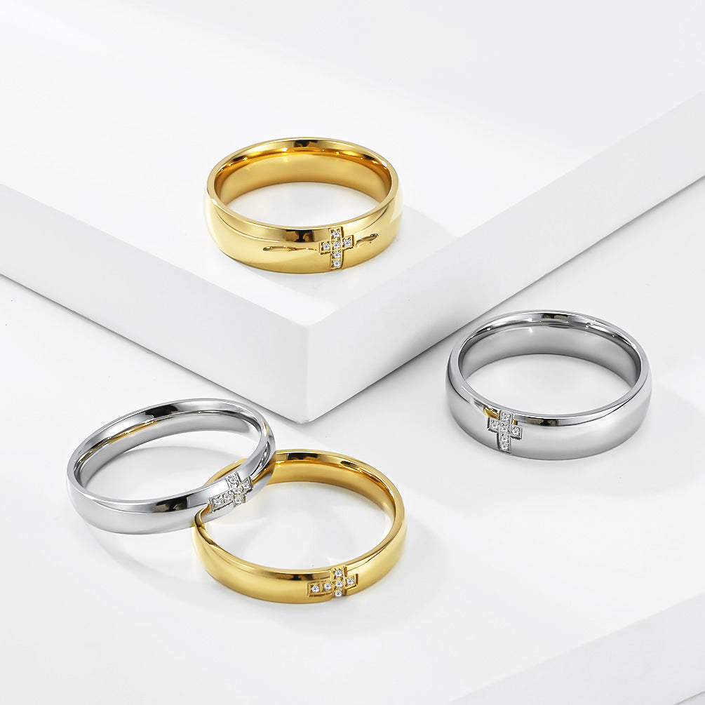 Stainless Steel Gold-Plated Zircon Cross Ring Unisex Couple Wedding