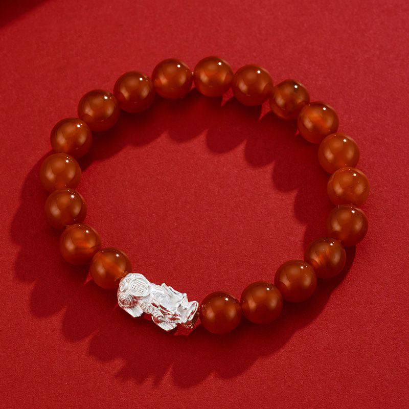 Sterling Silver Pixiu Bracelet with Natural Red Agate - Elegant Gift for Mother